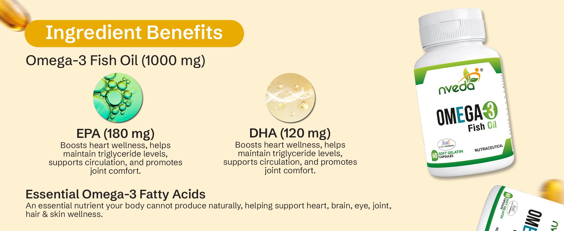 Nveda Omega 3 Fish Oil 1000mg | 180mg EPA & 120mg DHA | Heart, Brain, Eye & Joint Support Supplement for Men & Women | 120 Capsules (Pack of 2)