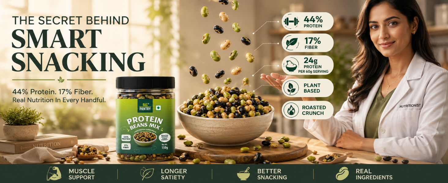 BIG PANTRY Protein Beans Mix, Roasted Soyabean, Edamame and Black Beans, High Protein Vegan Snack, 150g