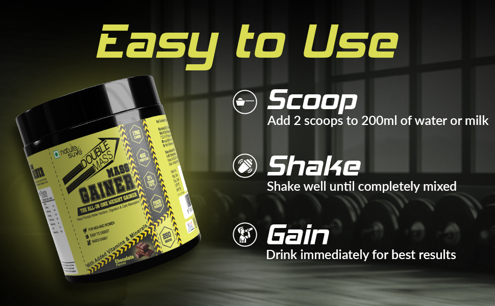 Nature Sure Double Mass Chocolate Flavored Mass Gainer with Whey Protein and Enzymes, Free Scoop Inside - 1 Pack (250 Grams)