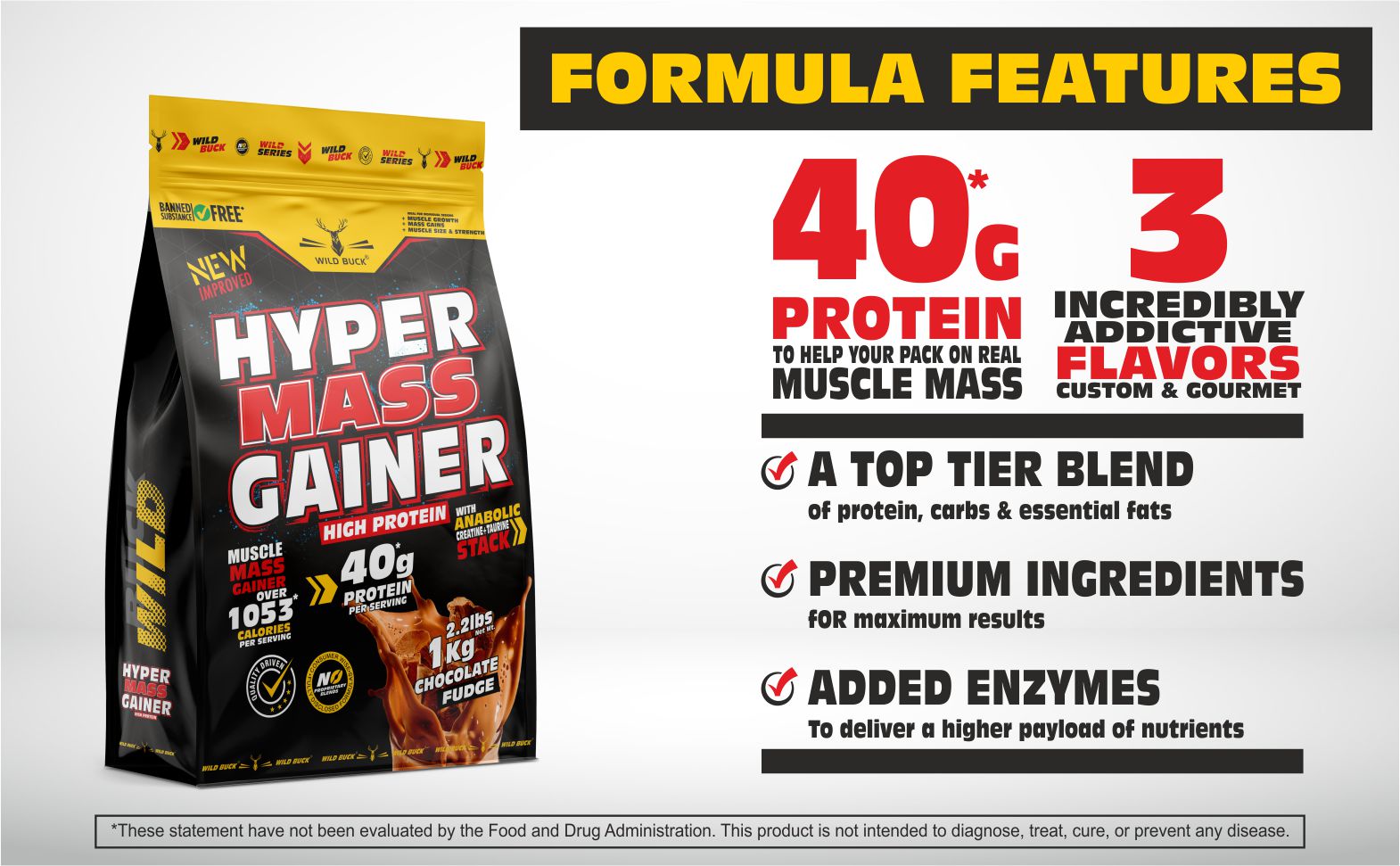 Wild Buck Hyper Mass Gainer, High Protein Muscle Mass Gainer with Creatine + Taurine,1053 Calories & 40g Protein, Gain Strength & Size,for Men & Women [Chocolate Fudge,1 Kg Powder] Free Shaker