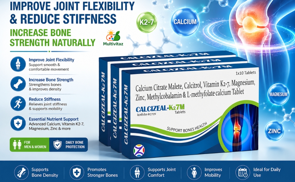 Calcizeal-K27M Tablet | Improve Joint Flexibility & Reduces Stiffness | Increase Bone Strength | Treat Lack of Calcium, Vitamin k2-7 With Essential Nutrients For Men & Women | Pack of 3 | 30 Tablets