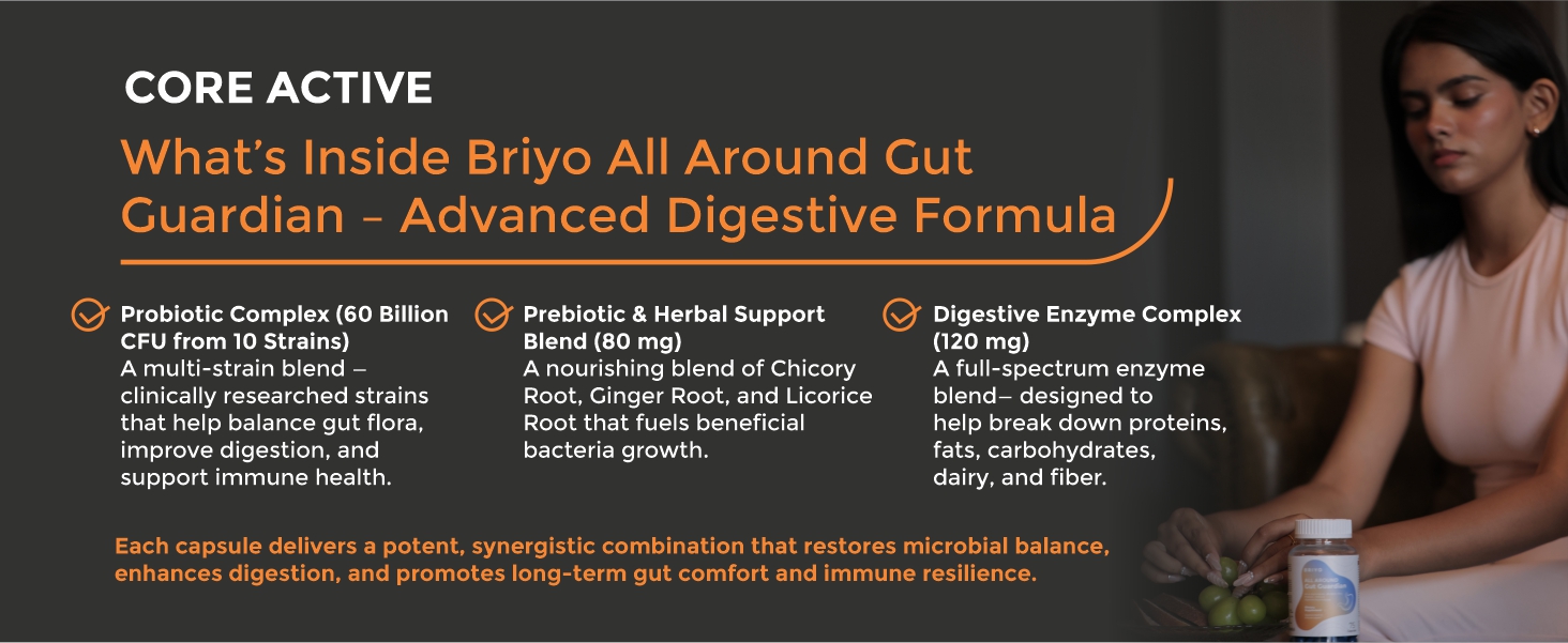 Briyo Gut Health Support – 60 Billion CFU Probiotics with Prebiotics, Digestive Enzymes & Herbs |Gut Guardian Formula to Boost Good Gut Bacteria, Support Digestion & Immunity, and Relieves Bloating