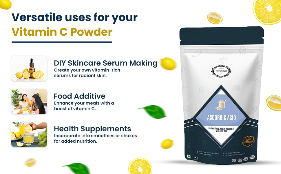 100% Pure Organic Vitamin C Powder (L-Ascorbic Acid), 1Kg, For Immunity booster, Skin cell Protection, Skin Care Serum Making, collagen Booster (Food Grade, Vegan, Non GMO)