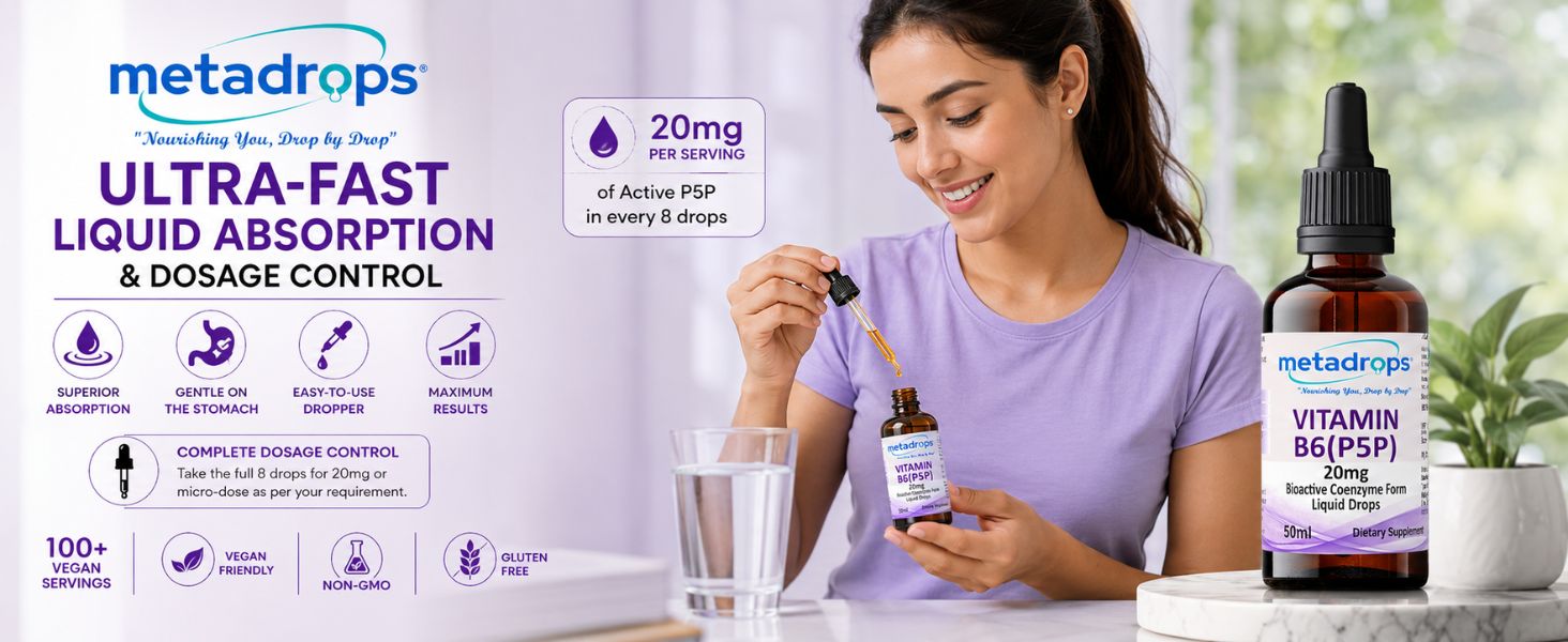 Advanced Vitamin B6 (P5P) Liquid Supplement – 20mg Active Form for Maximum Bioavailability – Supports Energy, Brain Health & Hormonal Balance – 100+ Vegan Servings (50ml) – Non-GMO & Gluten-Free