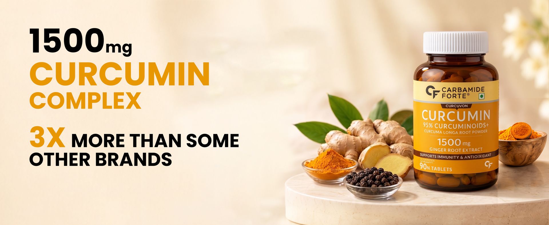 Carbamide Forte Curcumin With Piperine Tablets With 95% Curcuminoids | Immunity Boosters Tablet For Adults With Curcuma Longa, Turmeric Powder & Ginger 90 Veg Curcumin Tablets (Pack Of 2)