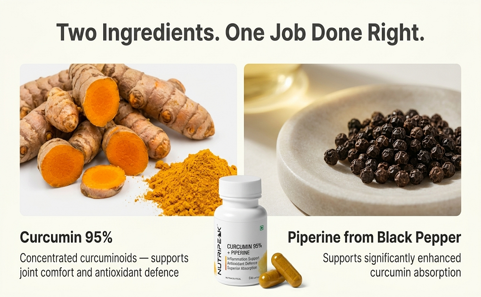 Curcumin 500mg with Piperine 10mg | 95% Standardized Curcuminoids | Turmeric for Joint Comfort, Inflammation & Antioxidant Support | Vegan Veg Capsules | 60 Capsules