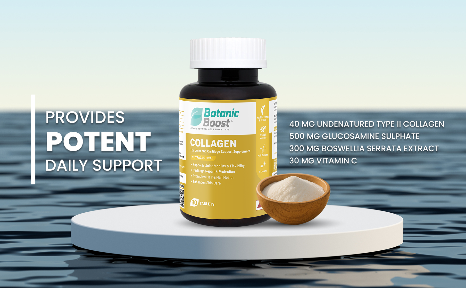 Type II Marine Collagen Tablets with Glucosamine Sulphate, Boswellia Serrata & Vitamin C - Joint Mobility, Flexibility, Cartilage, Bones, Hair, Nail & Skin Support - 30 Tablets