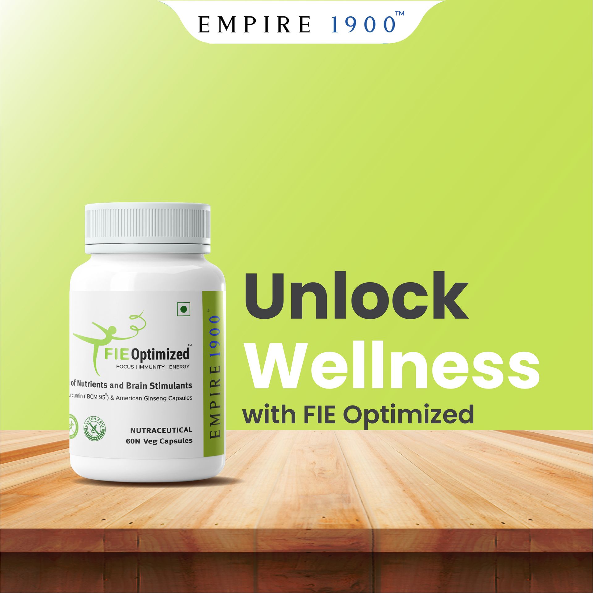 EMPIRE 1900 FIE Optimized Veg Capsules I Curcumin BCM-95 I American Ginseng & Ubiquinol I Boosts Focus, Immunity & Energy I Benefits Brain, Memory, Mood, Immune Health I Natural Energy Booster I (30 Vegetarian Capsules)