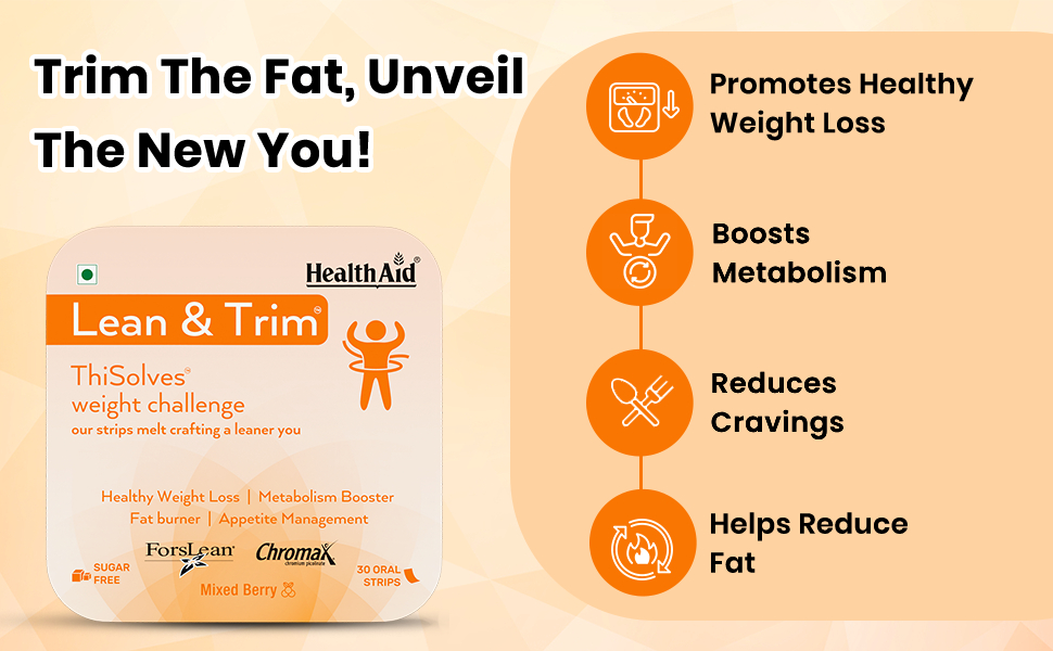 HealthAid® Lean & Trim™ ThiSolves™ Supplement for Men & Women | Supports Metabolism & Active Lifestyle | Sugar Free | Mixed Berry Flavor | 30 Oral Strips