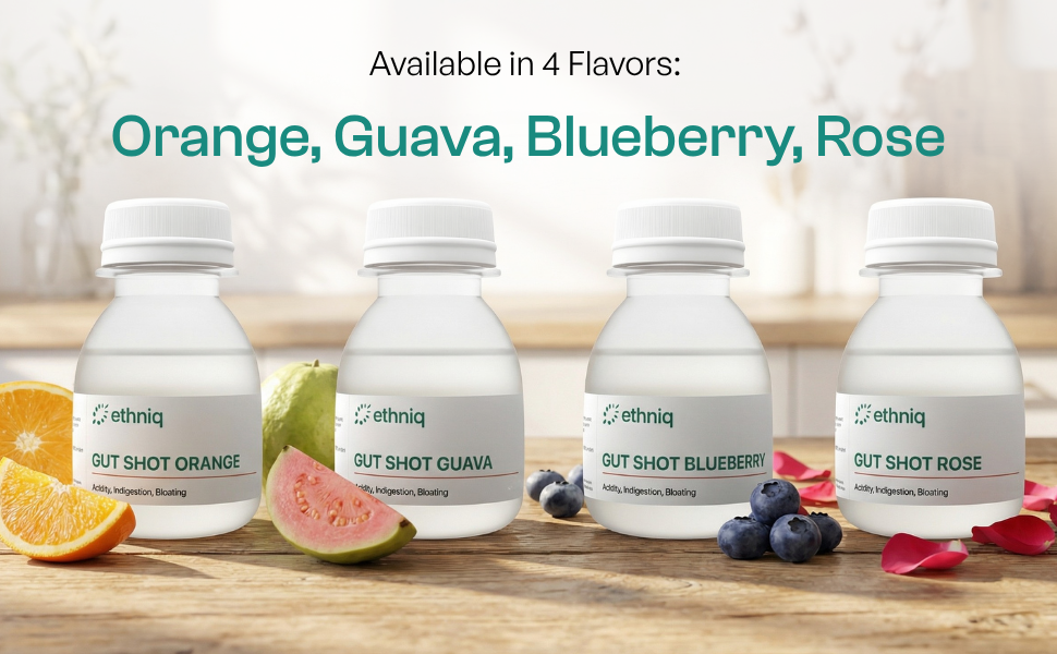 Ethniq Gut Shots | Clinically Proven Herbal Digestive Shots |Instant Relief from Acidity, Bloating, Gas, Constipation|Pudina, Ajwain, Saunf & Jeera | 4 Flavours | Travel-Friendly Pack of 12 | Ease on the go | 50ml Each