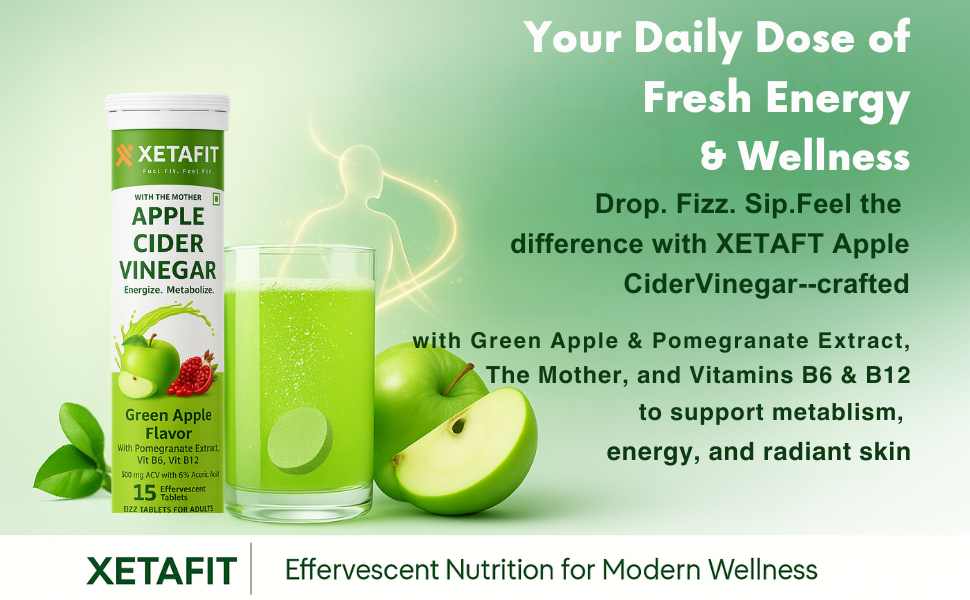 Apple Cider Vinegar Effervescent Tablets with Mother | 500mg ACV, Vitamin B6 & B12 | Supports Metabolism, Digestion & Appetite Control | No Added Sugar, No Maltodextrin | Green Apple | 15Tablets (Pack of 1)