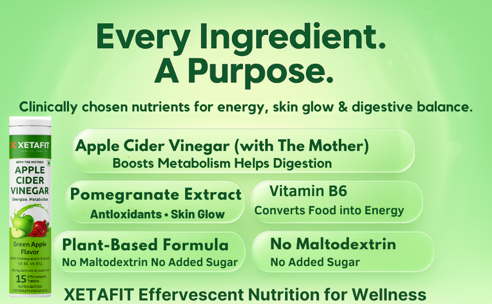 Apple Cider Vinegar Effervescent Tablets with Mother | 500mg ACV, Vitamin B6 & B12 | Supports Metabolism, Digestion & Appetite Control | No Added Sugar, No Maltodextrin | Green Apple | 15Tablets (Pack of 1)
