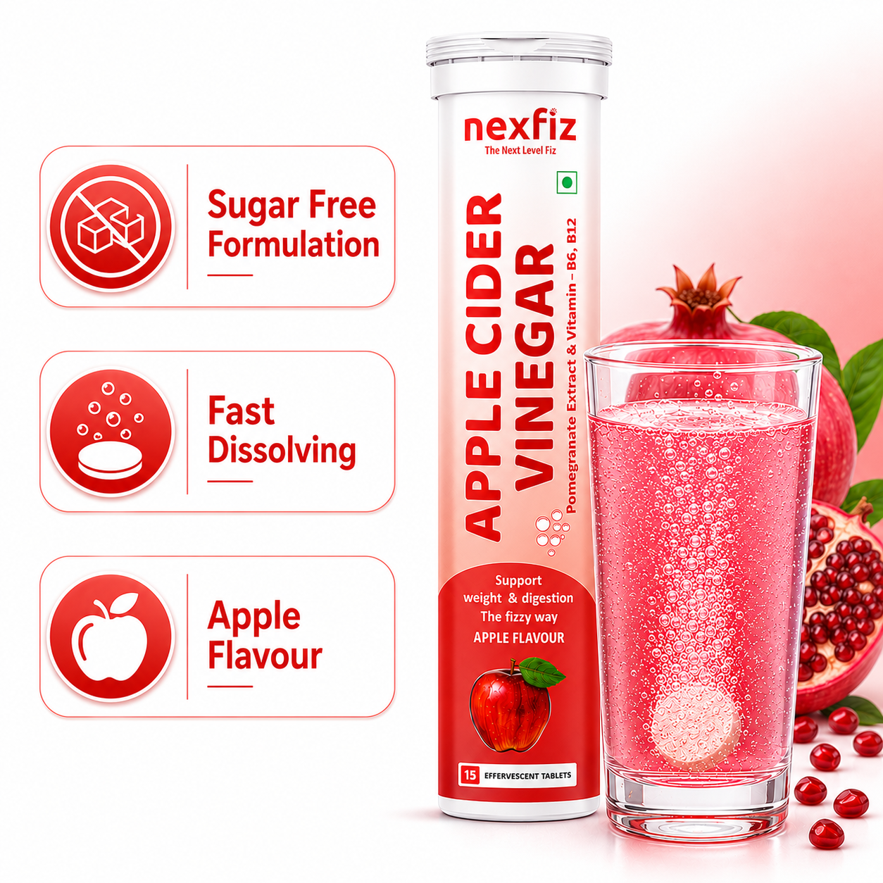 Apple Cider Vinegar Effervescent Tablets 500 mg with Pomegranate Extract 100 mg, Vitamin B6 & B12 | Metabolism & Digestion Wellness Support | Fast Dissolving Effervescent Supplement | Apple Flavour | 15 Tablets | Pack 1