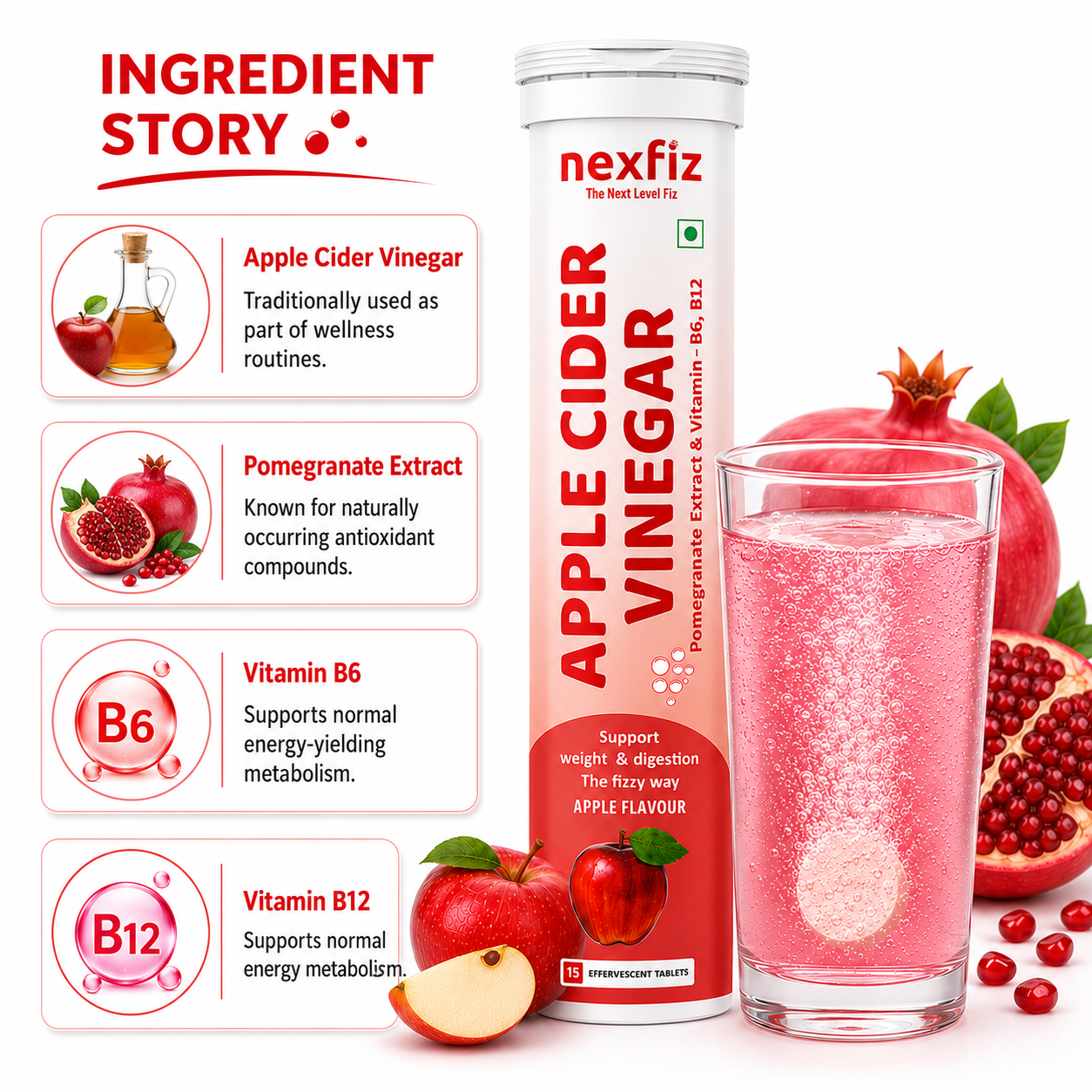 Apple Cider Vinegar Effervescent Tablets 500 mg with Pomegranate Extract 100 mg, Vitamin B6 & B12 | Metabolism & Digestion Wellness Support | Fast Dissolving Effervescent Supplement | Apple Flavour | 15 Tablets | Pack 1