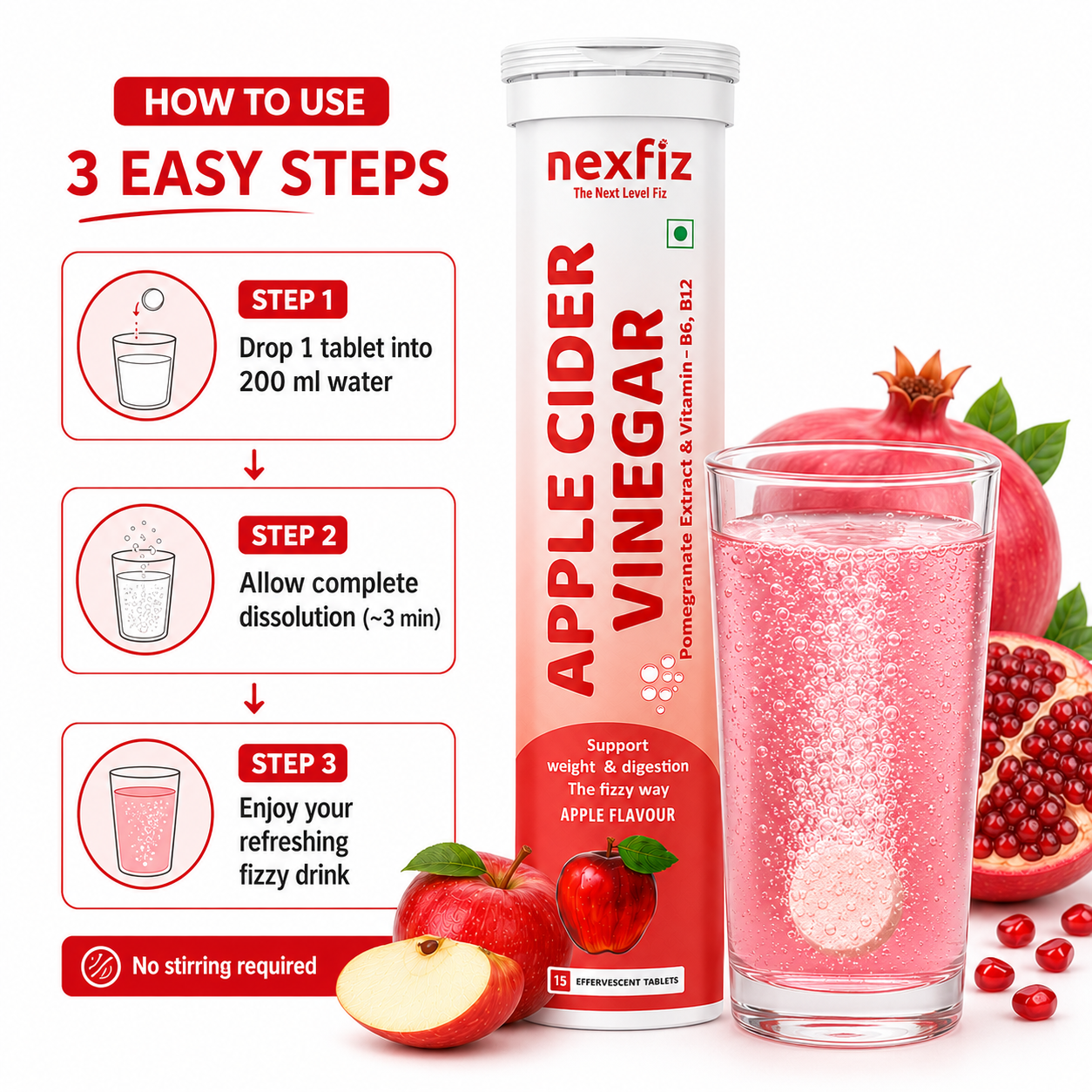 Apple Cider Vinegar Effervescent Tablets 500 mg with Pomegranate Extract 100 mg, Vitamin B6 & B12 | Metabolism & Digestion Wellness Support | Fast Dissolving Effervescent Supplement | Apple Flavour | 15 Tablets | Pack 1