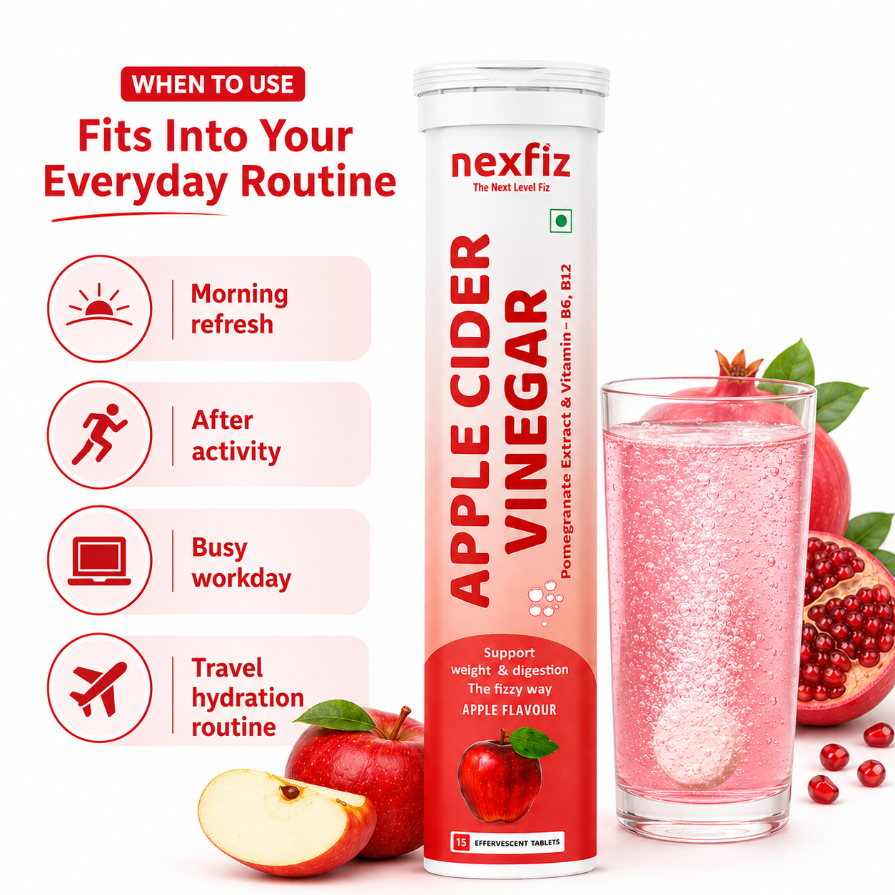 Apple Cider Vinegar Effervescent Tablets 500 mg with Pomegranate Extract 100 mg, Vitamin B6 & B12 | Metabolism & Digestion Wellness Support | Fast Dissolving Effervescent Supplement | Apple Flavour | 15 Tablets | Pack 1