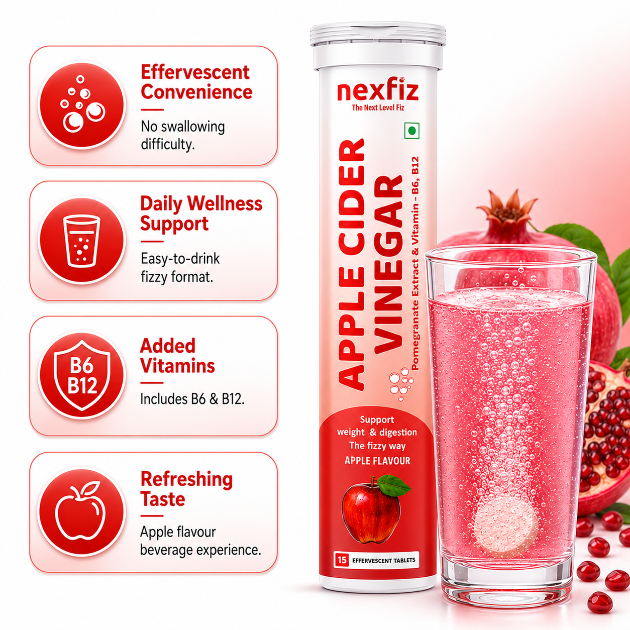 Apple Cider Vinegar Effervescent Tablets 500 mg with Pomegranate Extract 100 mg, Vitamin B6 & B12 | Metabolism & Digestion Wellness Support | Fast Dissolving Effervescent Supplement | Apple Flavour | 15 Tablets | Pack 1