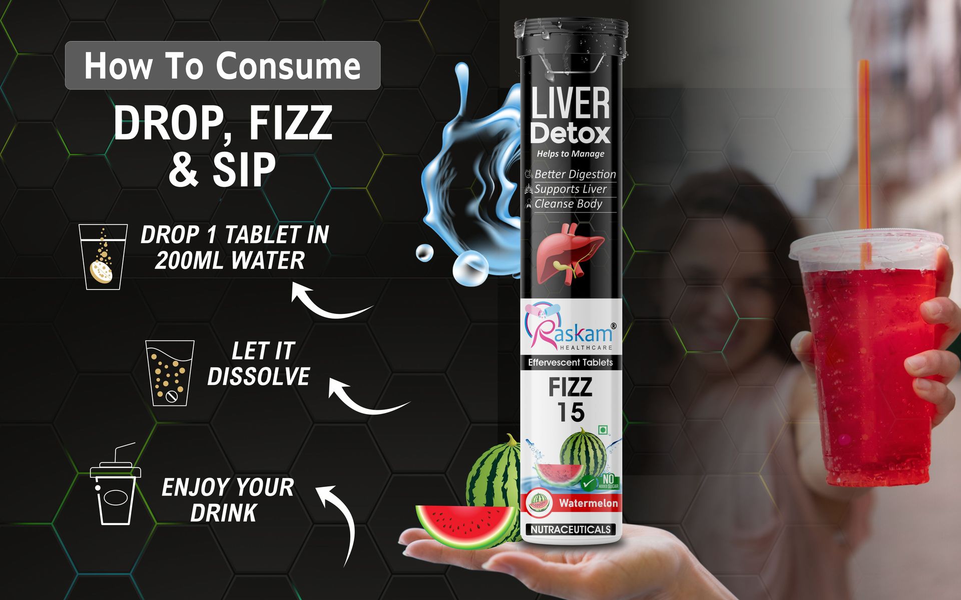Liver Detox Effervescent – Plant-Based Detox with 9 Ayurvedic Herbs | Sugar-Free | Refreshing Watermelon Flavor | Drop, Fizz, Sip | Fizz 15 Tablets Pack of 2