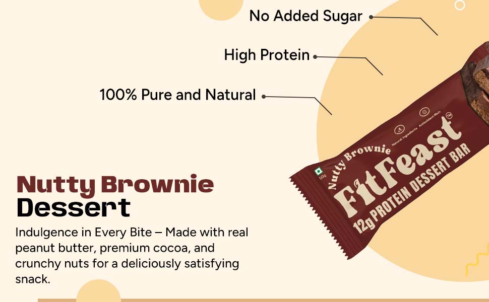 FitFeast Nutty Brownie Dessert Protein Bar, Pack of 6 | 12g Protein per 45g Bar| Blended of Chocolate and Nuts Flavour | Zero Added Sugar & No Artificial Preservatives | As Seen on Shark Tank