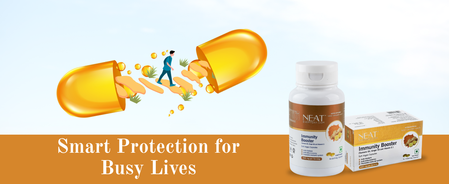 NEAT EVERYDAY Immunity Booster Capsule Vegetarian Softgels | Cold Pressed with Turmeric Oil & Ginger Oil | Vegan Supplement for Daily Immune Support (50 Capsule, Blister)
