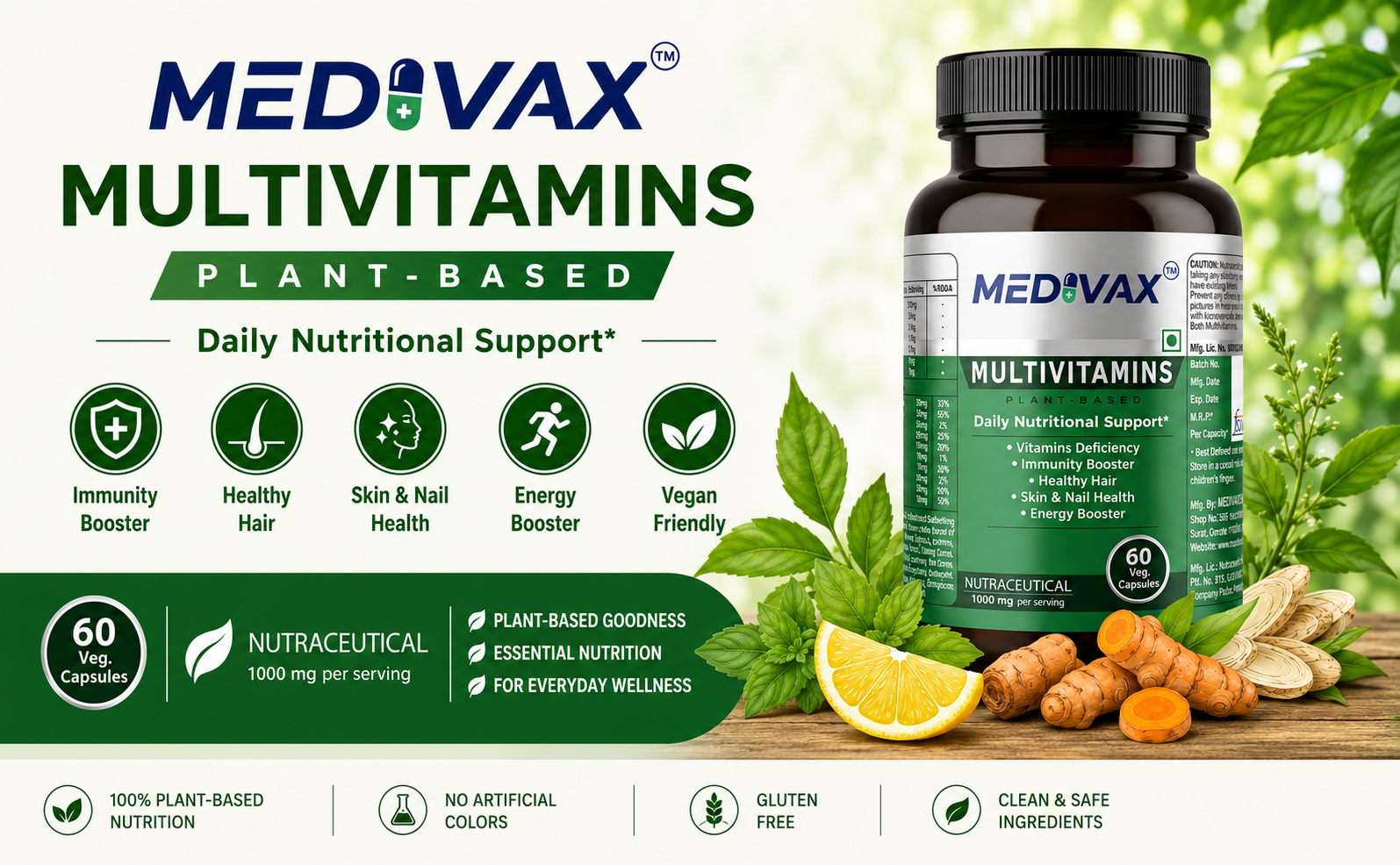 Plant-Based Multivitamin Supplement for Men & Women With Vitamin B1, B2, B3, B5, B6, B7, B9, B12, A, C, D3, E, Calcium, Megnesium, Potassium, Iron, Sodium, Zinc, To Daily Nutritional Support for Immunity, Increase Energy, Boost Stamina, Hair Skin & Nails, And Overall Health Vitamin Deficiency Support, 1000mg Nutraceutical (60 Veg Capsules)