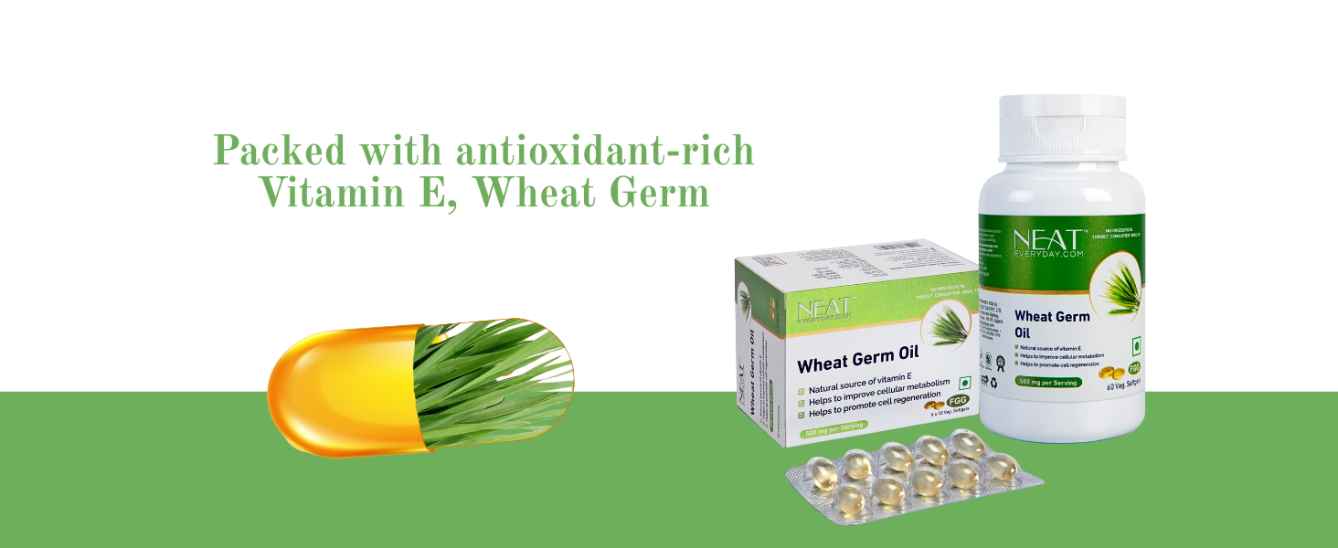 NEAT EVERYDAY Wheat Germ Oil Capsules Blister 1000mg per Serving | Vitamin E Antioxidant Softgels for Skin, Hair, Heart Health & Immune Support | Cold Pressed Vegan Softgels Capsules (60 Capsule, Blister)