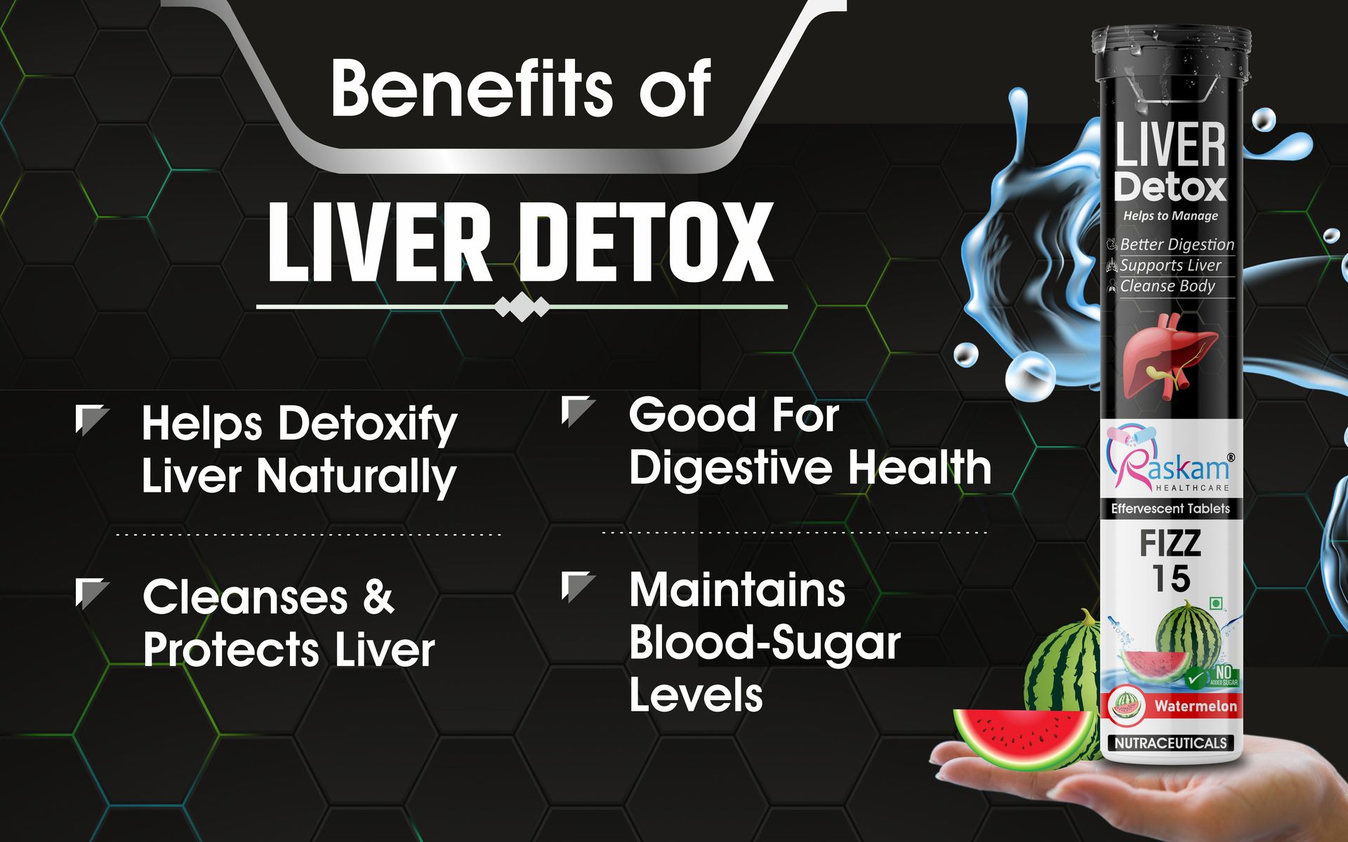 Liver Detox Effervescent – Plant-Based Detox with 9 Ayurvedic Herbs | Sugar-Free | Refreshing Watermelon Flavor | Drop, Fizz, Sip | Fizz 15 Tablets Pack of 1