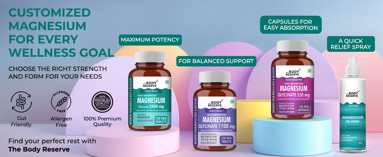 The Body Reserve Magnesium Glycinate Supplement 120 Veg Tablets, 2000mg Per Serving, High Absorption Chelated Form, helpful in Muscle & Nerve Relaxation, Better Sleep Quality for Men, Women, Pack of 3