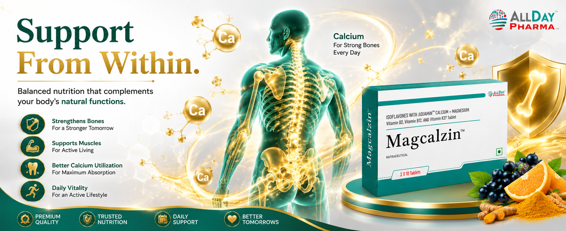 ALLDAY PHARMA Magcalzin Tablets | Multivitamins | Dietary with Mineral and Vitamins Help in Bone health, Muscle Health, Heart Health | for Men & Women (10 Tablets)