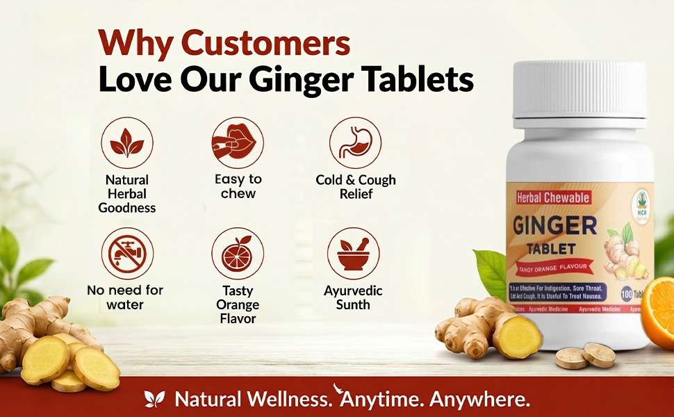 GINGER TABLET Organic Herbal Chewable Ginger Tablets with Orange Flavour | Natural Ayurvedic Sunth (Zingiber Officinale) 250mg | Supports Digestion, Cold & Cough Relief | 100 Tablets