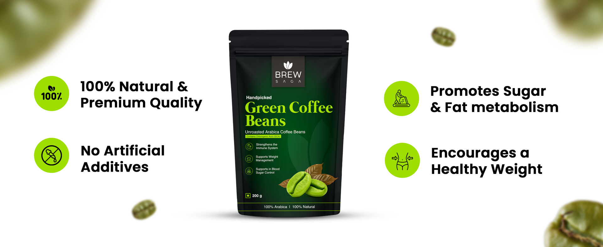 Brewsaga Unroasted Arabica Pure Green Coffee Beans Whole | Weight Management & Detox For Men & Women | Chlorogenic Acid for Natural Weight Loss | Body Detoxification Powder | 200g | Pack of 1