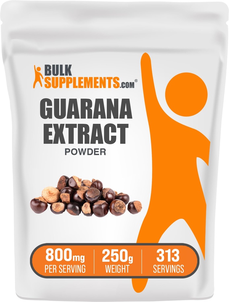 BulkSupplements.com Poudre d'extrait de Guarana - supplément de caféine naturelle, de graines de Guarana, poudre de Guarana - sans gluten, 800mg par portion, 250g (8,8 oz) (paquet de 1)