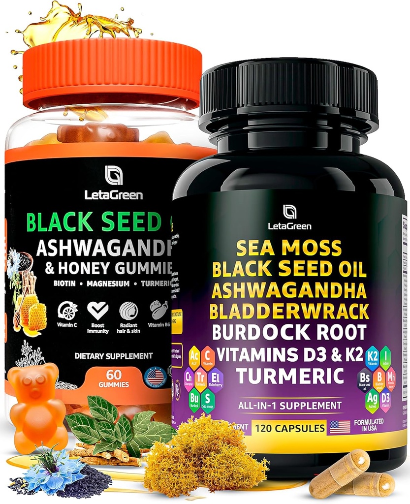 Capsules de mousse de mer + Gommies d'huile de graines noires, 60 Gommies de graines noires + 120 pilules de mousse de mer, soutien des défenses naturelles avec des vitamines et des suppléments minéraux multiples