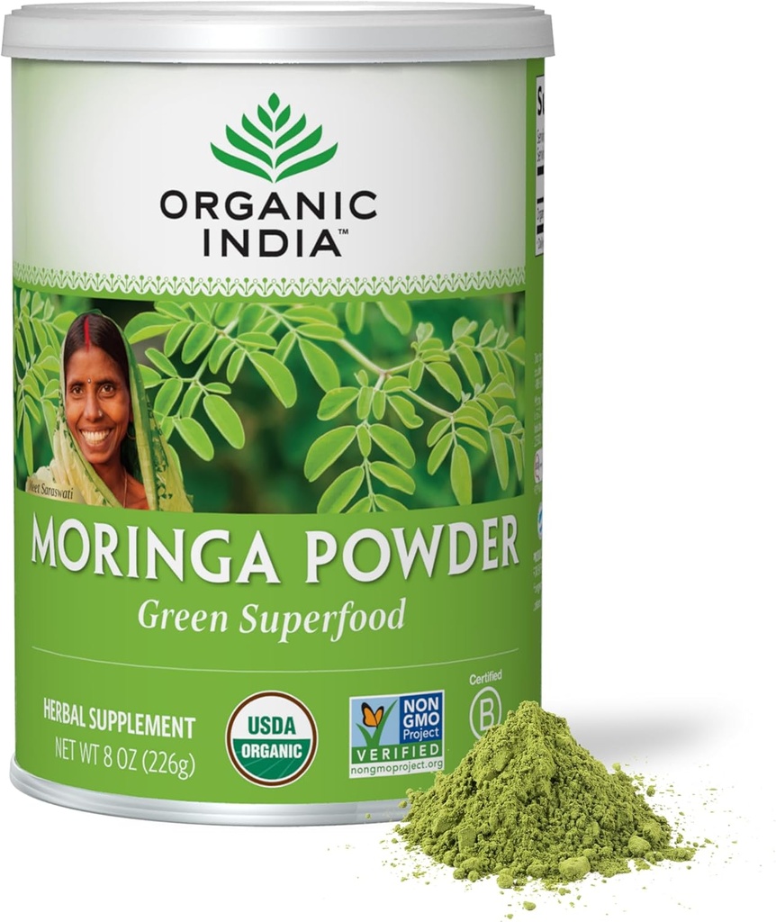 INDE ORGANIQUE Moringa Poudre - Moringa Oleifera Feuille supplément à base de plantes, Green Superfood, Nutrient Dense, Protéines végétales pures, Vitamine A, E, K, Fer, Calcium, Fibre, Vegan, USDA certifié biologique - 8 oz
