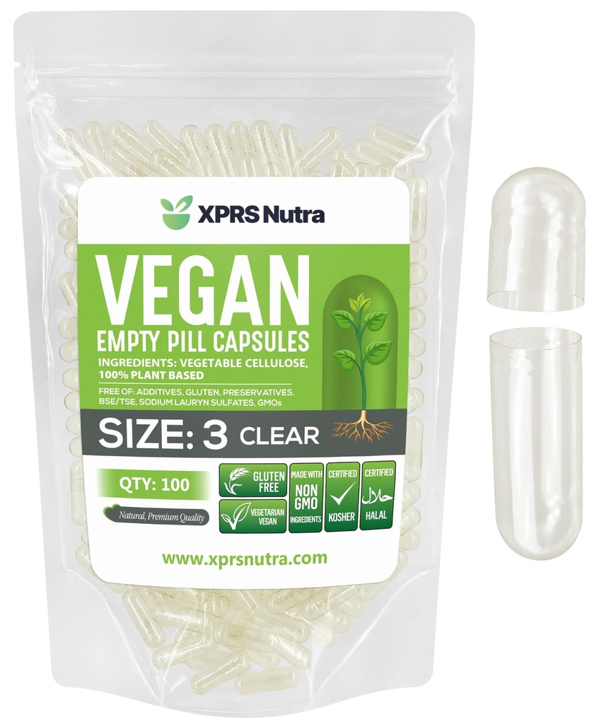 XPRS Nutra Taille 3 Capsules vides - 100 Compter Capsules vides de végétaliens - Pilules végétariennes - Garniture de capsules végétales - Caps de pilules végétariennes