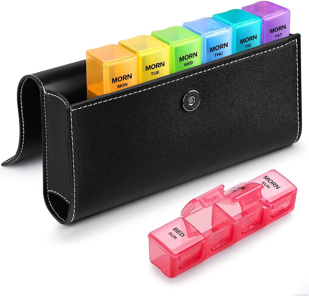 Sukuos Weekly Pill Organizer 4 fois par jour avec étui en cuir PU, grande boîte à pilules de 7 jours (lit du matin à la veille), étui quotidien à pilules pour la vitamine/huile de poisson/compléments