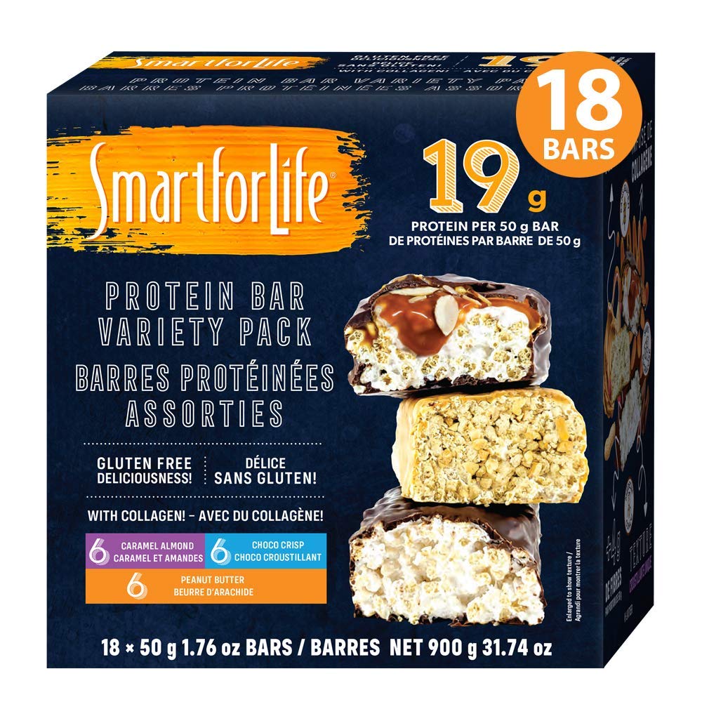 Intelligent pour la vie - haute protéine, faible sucre barre variété Pack, sans gluten caramel amande, chocolat et beurre d'arachide chocolat barres de remplacement de repas runchy fonctionne avec régime de cookies non-OGM 18ct