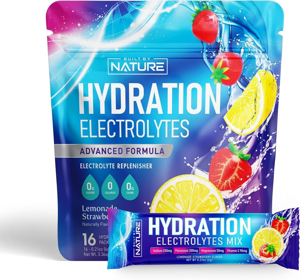 Packs d'hydratation en poudre d'électrolytes – Mélange de boisson de récupération avec du sodium, du potassium, du magnésium, du calcium, de la vitamine C et du zinc – sans sucre, sans kéto, sans OGM et végétalien – citronade aux fraises – 16 bâtons