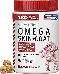 Omega pour chiens - 180 Delicious Soft Chews - Salmon Oil Treats for Skin and Coat, Démangeaison - Mélange d'huile de poisson d'acides gras essentiels, Omega 3, 6 et 9 et de vitamines - Flavor de bacon fumé