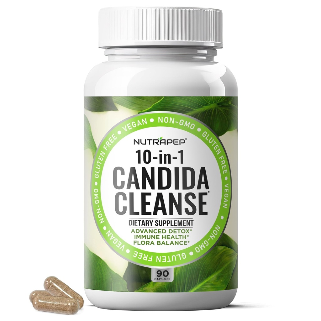 NutraPep Candida Cleanse Detox Supplement - Women Men Natural Yeast Overgrowth Support with Caprylic Acid Probiotics Complex for Candi Balance Immune Intestinal Flora & Gut Health - Vegan Gluten Free