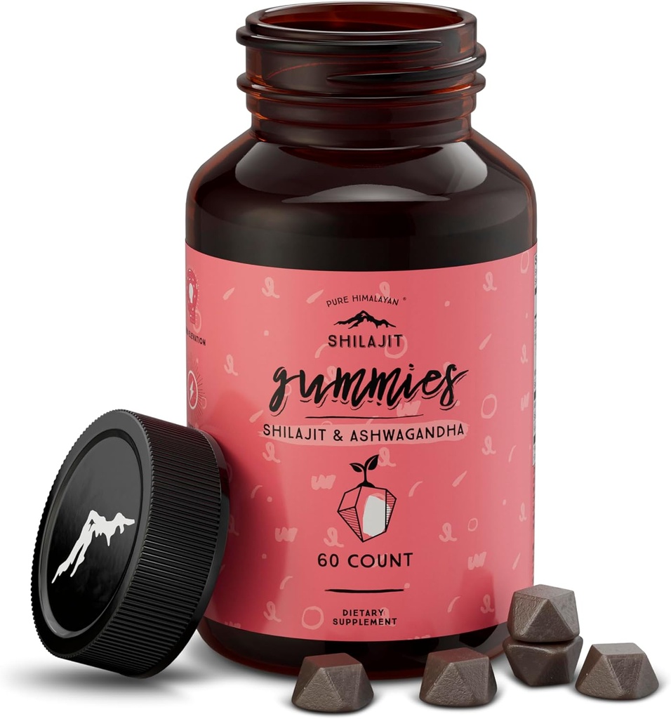 Gummées pures de Shilajit Himalayan, sans sucre, 85+ minéraux traces et acide fulvic pour l'énergie, le métabolisme et le soutien immunitaire, Shilajit pour les hommes et les femmes, Gummées Ashwaghanda (60 comte)