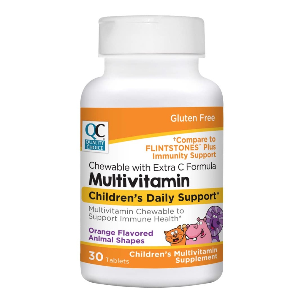 Choix de qualité, Multivitamine d'enfant en forme d'animal à croquer avec supplément de vitamine C, Supplément santé multivitamine à saveur orange, 30 bouteilles de comptage