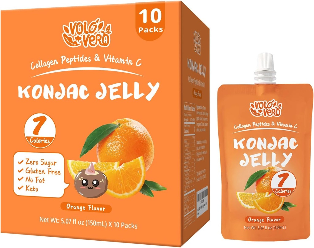 Konjac Jelly Pouch Saveur orange potable, Calories basses (7 Kcal), 10 paquets, sans gluten, Keto, sans sucre, faible teneur en glucides, vitamine C collations de fruits sains, cadeau de vacances