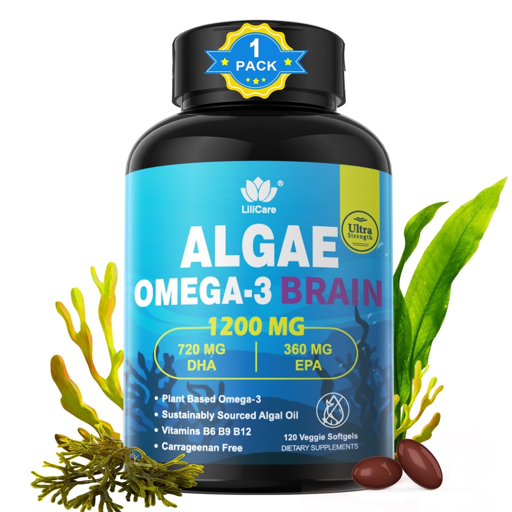 Omega 3 huile de poisson softgels avec DHA 720mg EPA 360mg, Vegan Algae Science 2:1 Rapport pour l'œil du cerveau, basé sur la plante Omega 3 supplément, huile de poisson alternative 1200mg, sans goût de poisson, 120Cts