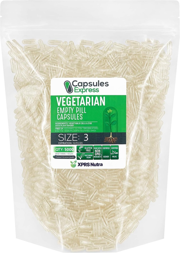 XPRS Nutra Taille 3 Capsules vides - 5000 Compter Capsules vides de végétalien - Pilules vides végétariennes - Bricolage Gélule végétale Remplissage - Caps de pilules végétariennes