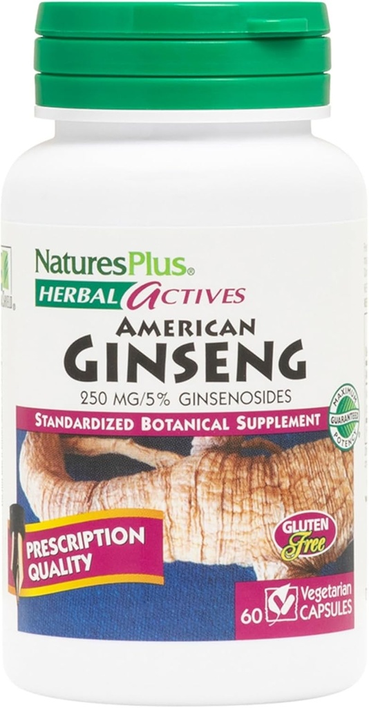 Natures Plus Herbal Actives Ginseng américain - 250 mg, 5% Ginsénosides - 60 Capsules Vegan - Sans gluten - 60 portions