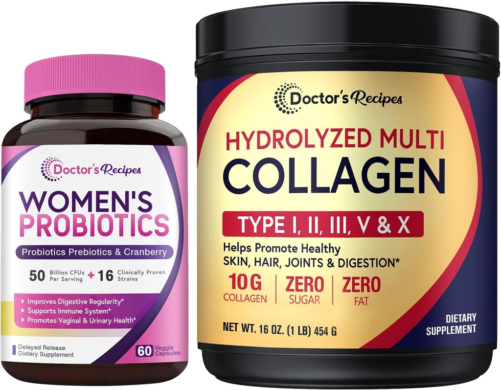 Recettes du médecin Femmes Probiotiques et mélange de poudre de collagène multiple, paquet de valeur pour vaginal, peau, cheveux, santé des ongles, sans gluten, pro (60 capsules) et collagène (45 portions)