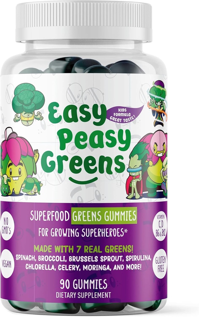 EasyPeasyGreens Gommies Végétiques quotidiennes pour les enfants - 90 Gommies Verts - aide les mangeurs Pickery à obtenir leurs légumes dans - fait avec 10 vrais extraits de légumes et 100% végétalien