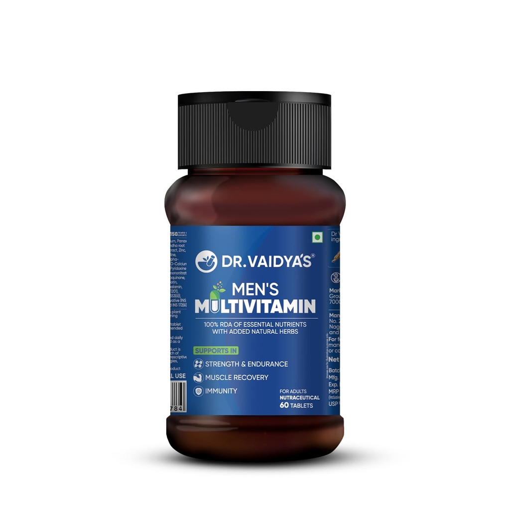 Dr. Vaidya’s Men’s Multivitamin Tablet | Natural Multivitamin for Men Enriched with Ayurvedic Herbs | Goodness of Vitamin C tablets, Vitamin D, Calcium, Vitamin D3, and Magnesium Supplement | 60 Tablets (Pack of 1)