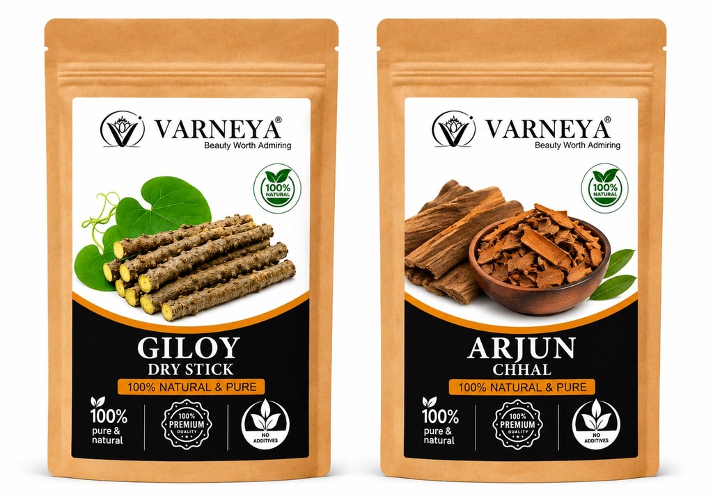 Naturals Organic Giloy Dried Sticks Powder 100g + Arjun Chhal Powder 100g Combo | Guduchi (Tinospora Cordifolia) Stem & Terminalia Arjuna Bark | Pure Natural Ayurvedic Herbs | Chemical-Free | Herbal Tea, Kadha & Decoction Ingredients (Pack of 5)